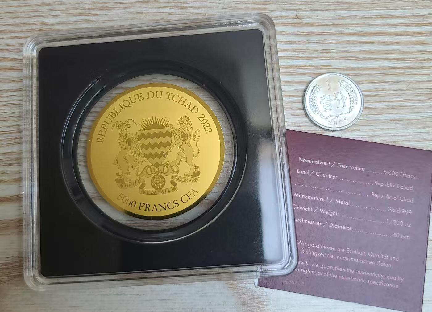 ❤️【币观天下】❤️ 第349期钱币拍卖场- 2026.4.24周五晚上6点半场 长期征集拍品   乍得2022年瑞士雷内利1/200盎司金币带证书（后配包装）