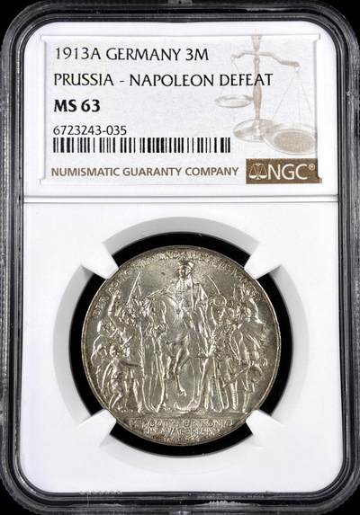【雨安】【直播拍卖】【评级币章-132期】 2026-04-25 周六 19:30 (金价1050, 银价18.60)  [评级德国] Germany 德国 帝国 普鲁士 3马克 (1913) 普法战争 1913年  NGC-MS63