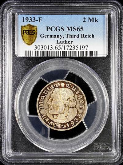 【雨安】【直播拍卖】【评级币章-132期】 2026-04-25 周六 19:30 (金价1050, 银价18.60)  [评级德国] Germany 德国 第三帝国 2马克 马丁路德 1933年F  PCGS-MS65 粉光