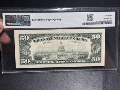 《外钞收藏家》第六百二十九期（精品场）（长期征集拍品、欢迎藏友们联系合作） 1993年美国小头版50美元 PMG65 无4