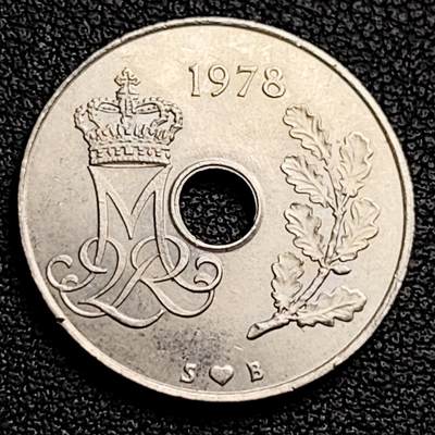 泉币菌-第230场-拍品多 请提前出价 丹麦1978年25欧尔中孔镍币 玛格丽特二世花押 