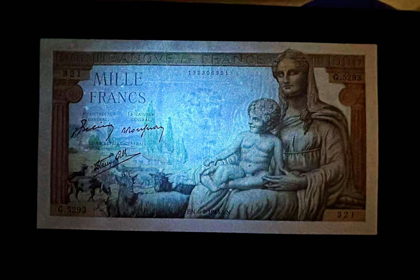 【Blue Auction】世界纸币精拍第812期——18级TOP拍卖/信誉/品质/专业/高效💫 【321倒顺子】法国 1943年1000法郎 大票幅 墨丘利 UNC灯下微斑