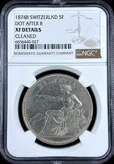 【雨安】【直播拍卖】【评级币章-132期】 2026-04-25 周六 19:30 (金价1050, 银价18.60)  [评级欧洲] Switzerland 瑞士 邦联 5法郎 KM#0011 (1850-1874) 赫尔维蒂娅坐像 1874年  NGC-XF