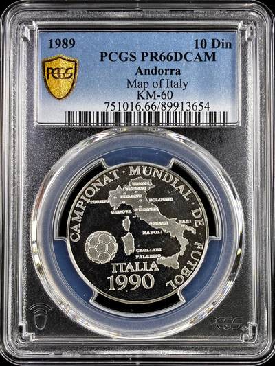 【雨安】【直播拍卖】【评级币章-132期】 2026-04-25 周六 19:30 (金价1050, 银价18.60)  [评级现代] Andorra 安道尔 10第纳尔 1989年 意大利地图 PCGS-PR66DCAM 精制币