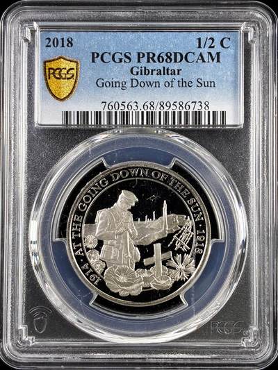【雨安】【直播拍卖】【评级币章-132期】 2026-04-25 周六 19:30 (金价1050, 银价18.60)  [评级现代] Gibraltar 直布罗陀 1/2克朗 2018年 日落 PCGS-PR68DCAM 精制币