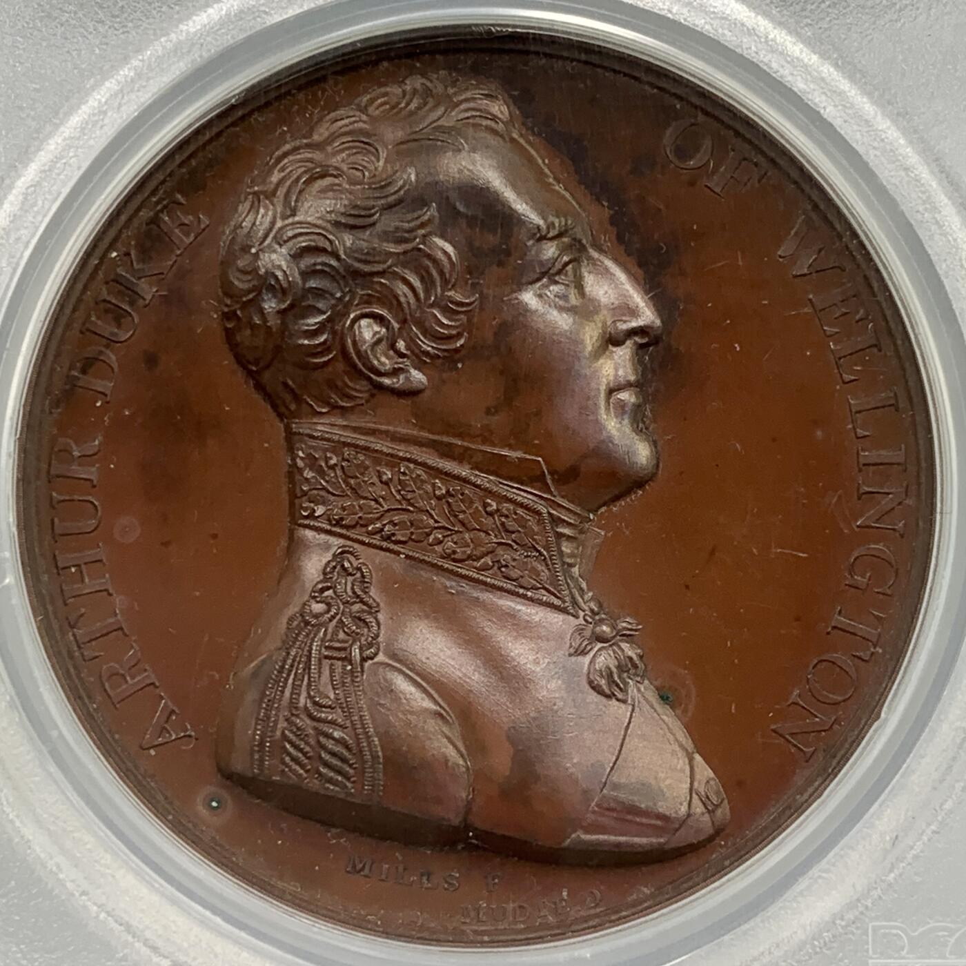 掌中浮雕-藏着的欧洲第059场 PCGS PR64  : 1809年英国惠灵顿公爵塔拉维拉战役胜利纪念铜章 , 41mm, 盒子有裂，不影响密封