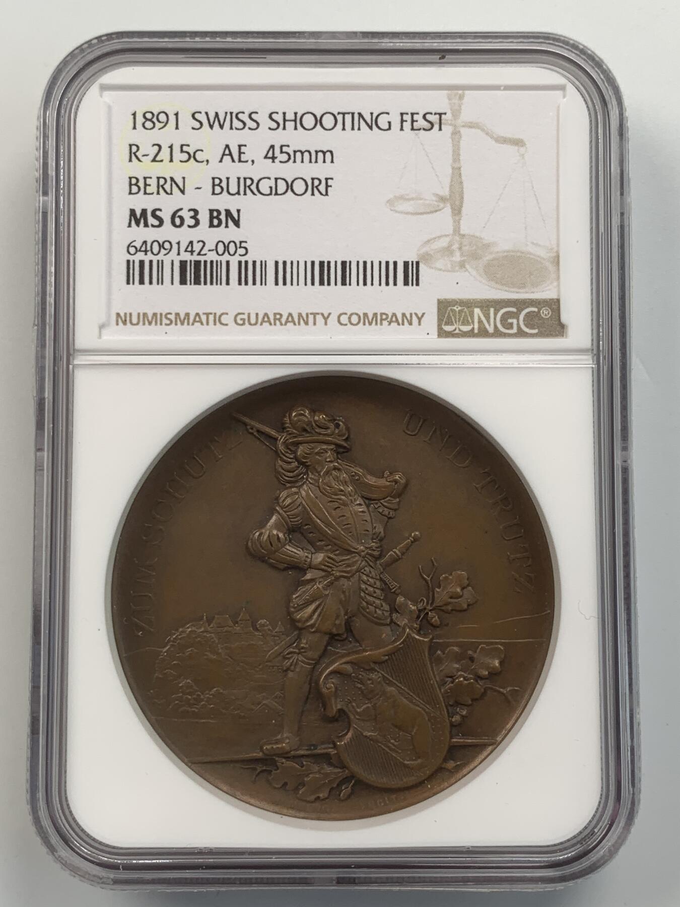 掌中浮雕-藏着的欧洲第059场 NGC MS63 : 1891年瑞士伯尔尼射击节铜章，45mm