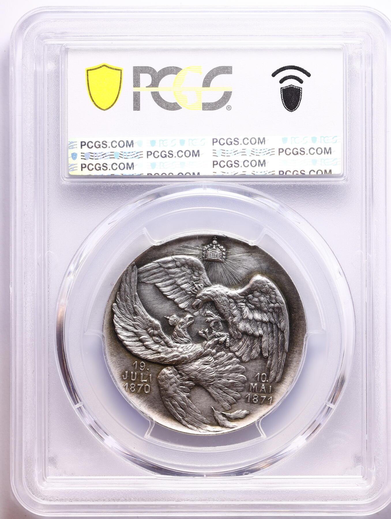 观钱 近现代机制币拍卖No.009（全场顺丰包邮，不区分偏远地区）  1895 年德意志帝国 “致敬萨克森军队” 银质纪念章 PCGS MS62 （头戴带羽饰普鲁士头盔的士兵高浮雕工艺，币面设计非常漂亮）