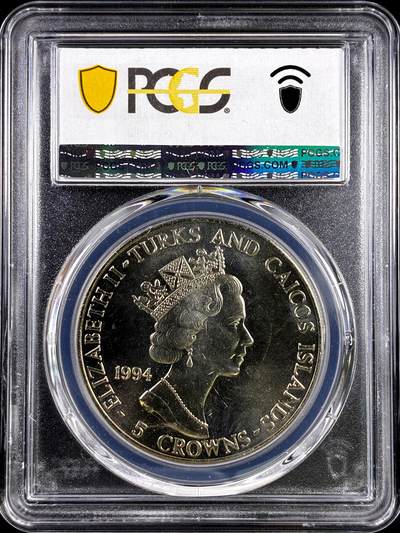 【雨安】【直播拍卖】【评级币章-132期】 2026-04-25 周六 19:30 (金价1050, 银价18.60)  [评级现代] Turks and Caicos Islands 特克斯和凯科斯群岛 5克朗 1994年 美国五星上将奥马尔·布拉德利  PCGS-MS66