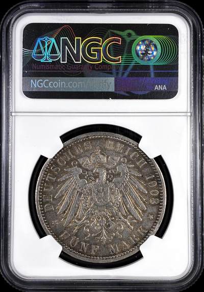 【雨安】【直播拍卖】【评级币章-132期】 2026-04-25 周六 19:30 (金价1050, 银价18.60)  [评级德国] Germany 德国 帝国 J.065 汉堡 5马克 (1891-1913) 双狮 1908年  NGC-AU