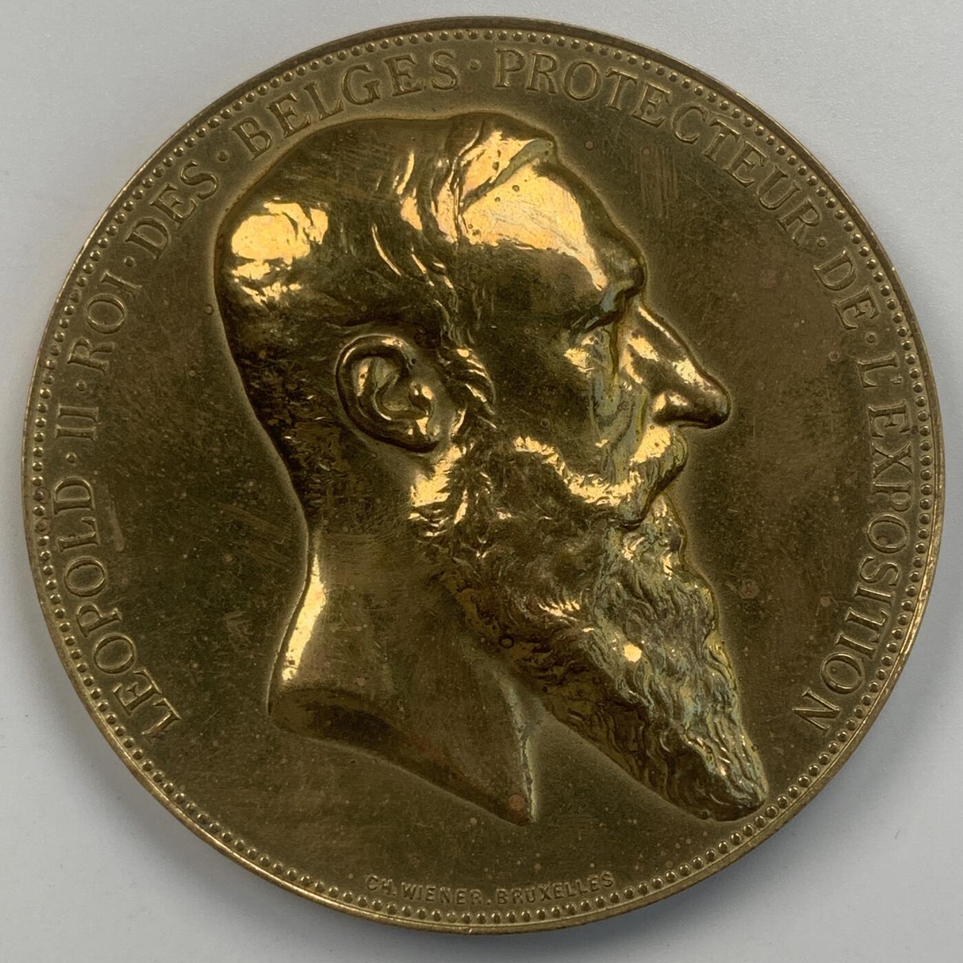 掌中浮雕-藏着的欧洲第059场 1885年比利时安特卫普世博会镀金铜章，60mm，91.5g