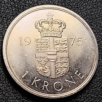 泉币菌-第230场-拍品多 请提前出价 原光极美 丹麦1975年1克朗 皇冠 玛格丽特二世女王 BB版 铜镍币 25.5mm