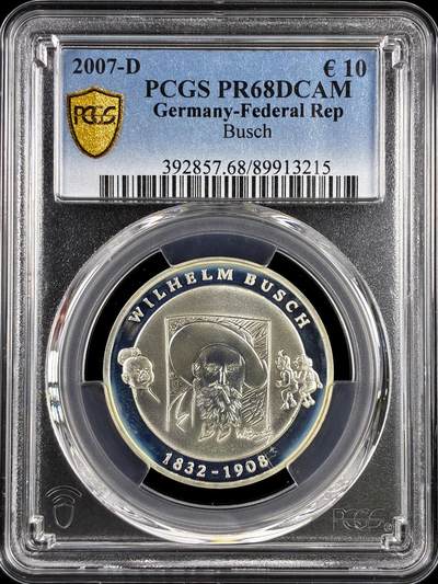 【雨安】【直播拍卖】【评级币章-132期】 2026-04-25 周六 19:30 (金价1050, 银价18.60)  [评级欧元] Germany 欧元 德国 10欧元 2007年 现代连环画先驱布施 Busch PCGS-PR68DCAM 精制币