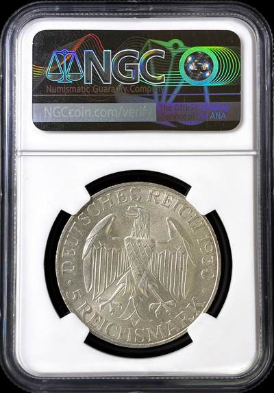 【雨安】【直播拍卖】【评级币章-132期】 2026-04-25 周六 19:30 (金价1050, 银价18.60)  [评级德国] Germany 德国 魏玛 5马克 KM#68 飞艇 1930年  NGC-MS65