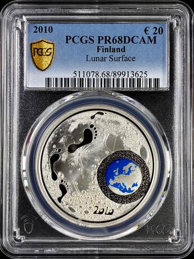 【雨安】【直播拍卖】【评级币章-132期】 2026-04-25 周六 19:30 (金价1050, 银价18.60)  [评级欧元] Finland 欧元 芬兰 20欧元 2010年 月球表面 PCGS-PR68DCAM 精制币