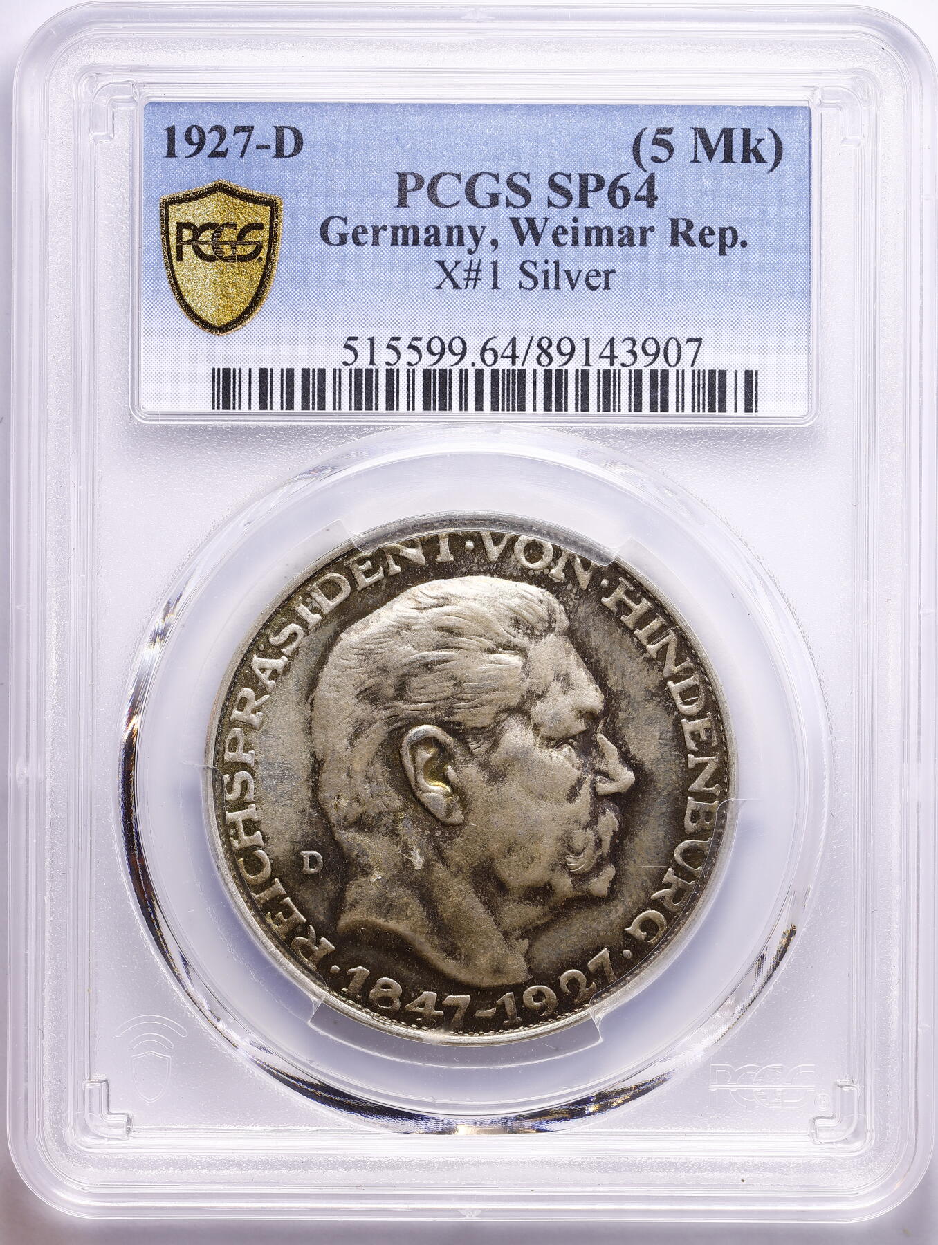观钱 近现代机制币拍卖No.009（全场顺丰包邮，不区分偏远地区）  1927 年德国魏玛共和国兴登堡 80 寿辰 5 马克银质样章（PCGS SP64）精制版，镜面底板、喷砂浮雕，这个彩包浆能出SP64高分实属不易