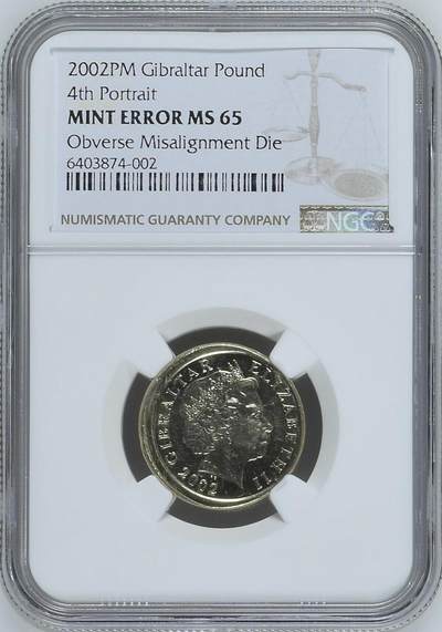S&S Numismatic世界钱币-拍卖 第126期  直布罗陀2002年 伊丽莎白二世第四肖像 1英镑 NGC MINT ERROR MS65 造币厂错误-正面面具偏打