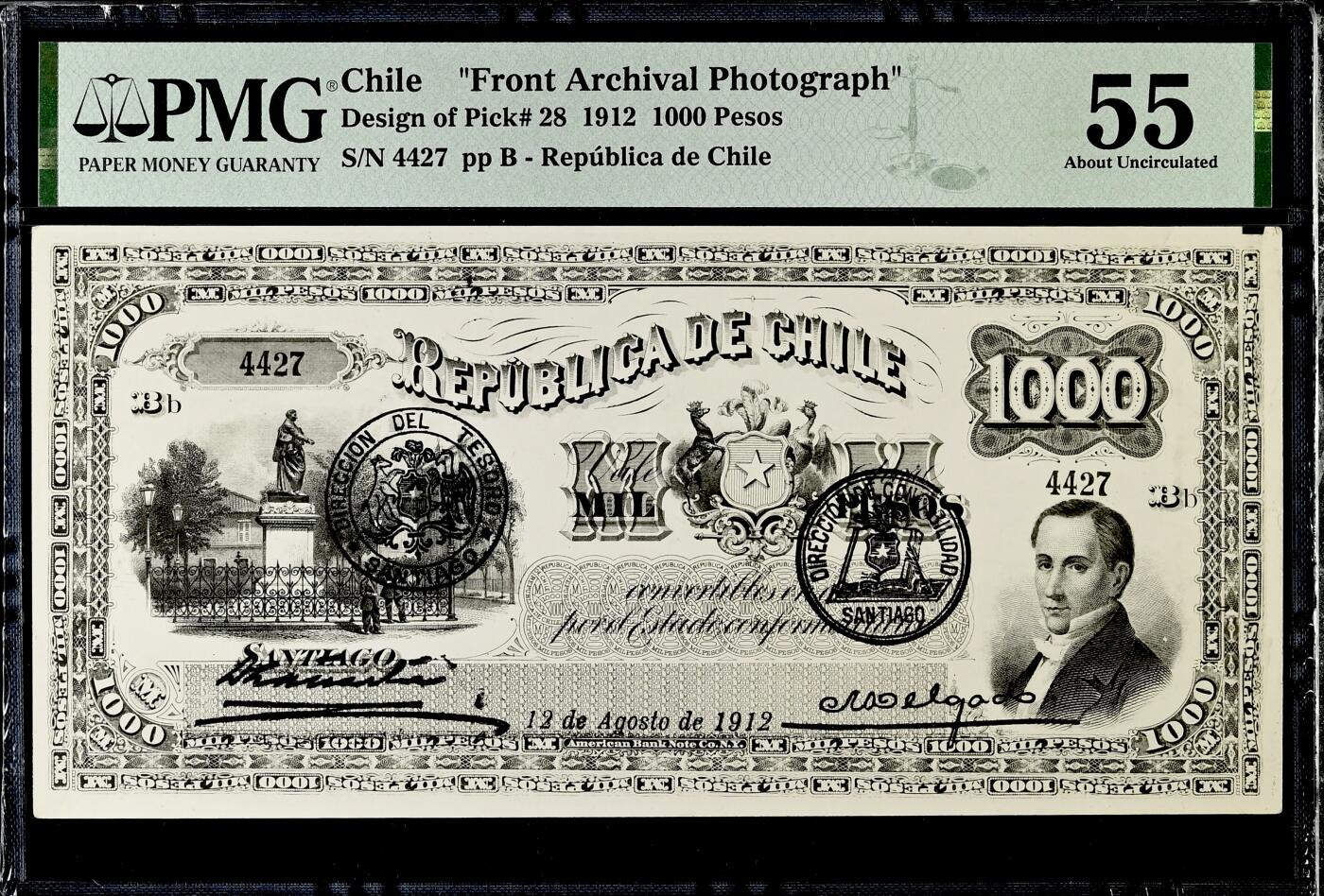 【Blue Auction】世界纸币精拍第812期——18级TOP拍卖/信誉/品质/专业/高效💫 【最高面值 正背面财政部留档印样一对】智利1912年1000比索 国父贝尔纳多·奥希金斯·里克尔梅 独立纪念碑 PMG55（原版P-28无实钞记录，样钞也仅4张，价格极高，这对官方档案作为平替是不错的选择）