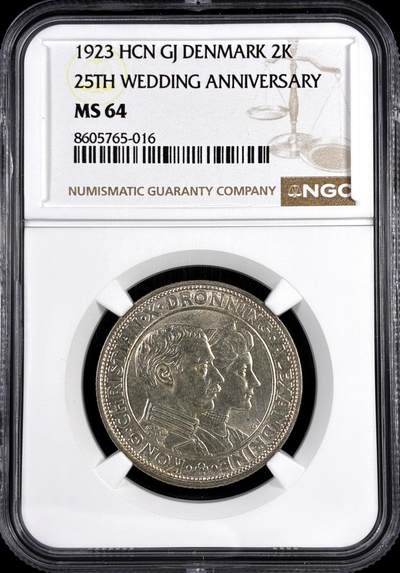 【雨安】【直播拍卖】【评级币章-132期】 2026-04-25 周六 19:30 (金价1050, 银价18.60)  [评级欧洲] Denmark 丹麦 2克朗 1923年 克里斯蒂安十世 结婚25周年纪念  NGC-MS64
