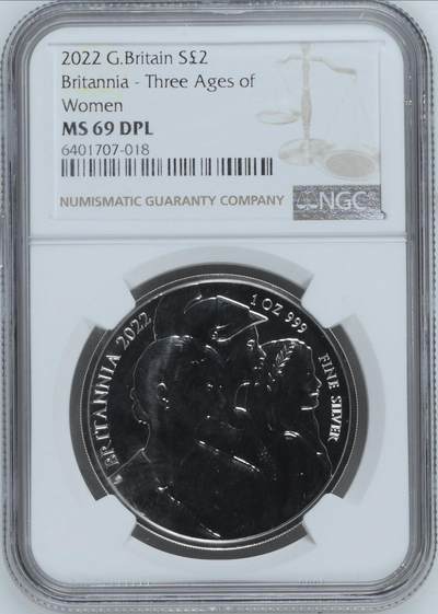 S&S Numismatic世界钱币-拍卖 第126期  英国2022年 不列颠尼亚-三女神 2英镑1盎司999银币 盒证齐全 31.21克999银 NGC MS69 盒证齐全