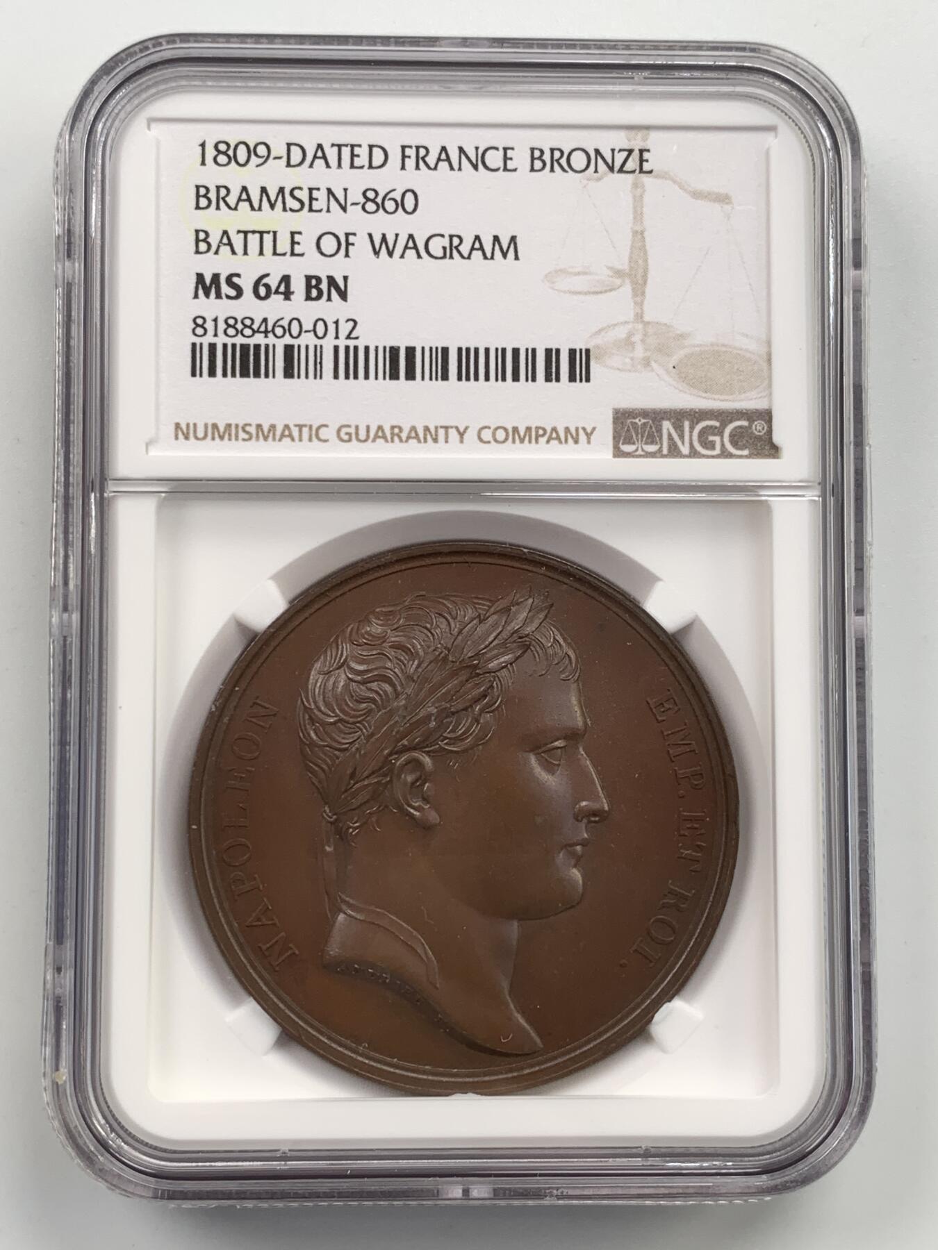 掌中浮雕-藏着的欧洲第059场 NGC MS64 : 1809年法国拿破仑一世瓦格拉姆战役铜章，40mm
