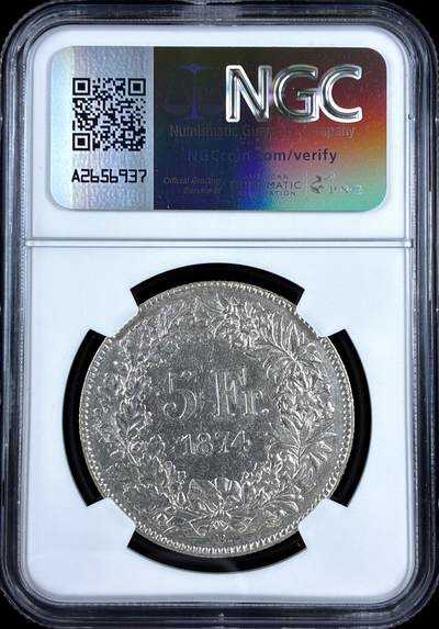 【雨安】【直播拍卖】【评级币章-132期】 2026-04-25 周六 19:30 (金价1050, 银价18.60)  [评级欧洲] Switzerland 瑞士 邦联 5法郎 KM#0011 (1850-1874) 赫尔维蒂娅坐像 1874年  NGC-XF