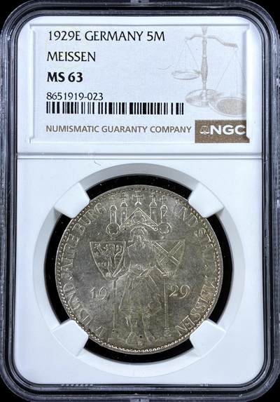 【雨安】【直播拍卖】【评级币章-132期】 2026-04-25 周六 19:30 (金价1050, 银价18.60)  [评级德国] Germany 德国 魏玛 5马克 KM#66 梅森千年 1929年  NGC-MS63