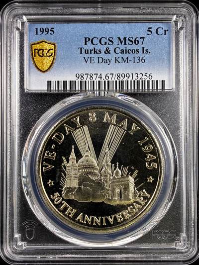 【雨安】【直播拍卖】【评级币章-132期】 2026-04-25 周六 19:30 (金价1050, 银价18.60)  [评级现代] Turks and Caicos Islands 特克斯和凯科斯群岛 5克朗 1995年 欧洲胜利50周年  PCGS-MS67