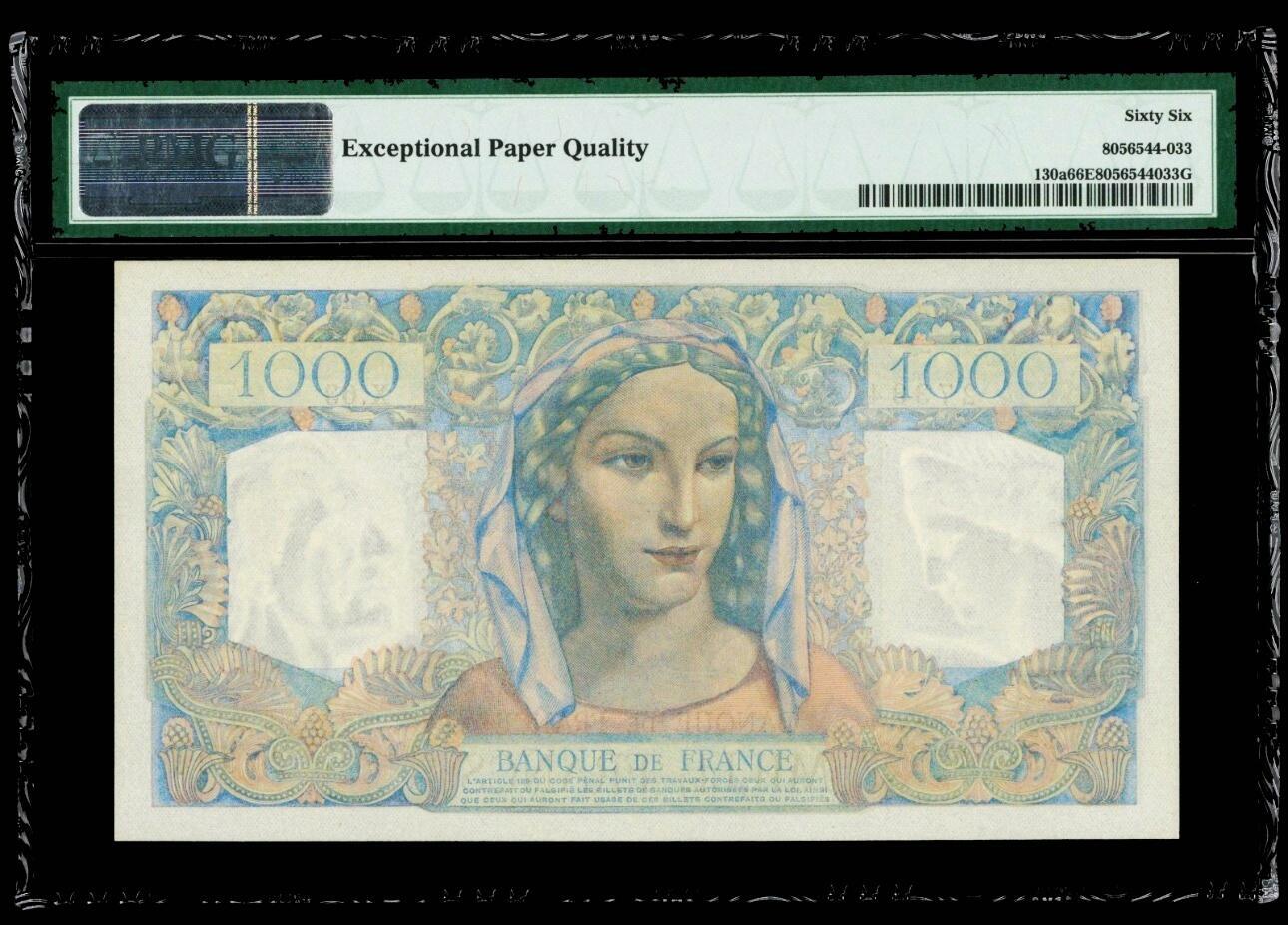 【Blue Auction】世界纸币精拍第812期——18级TOP拍卖/信誉/品质/专业/高效💫 【a版首年】法国 1945年1000法郎 PMG66EPQ 设计精美 双水印