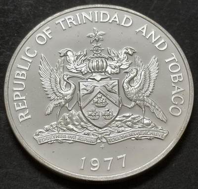 文馨钱币收藏第 303 场，【五一钱币荟，收藏盛宴】长期接代拍业务 全新 1977 年特立尼达和多巴哥 10 元精制纪念大银币，35 克 925 银