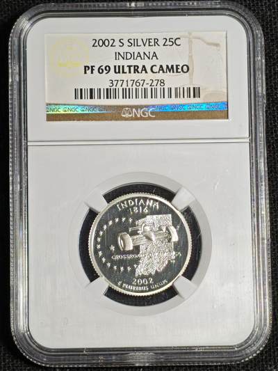 刘世昌艺术品销售中心～虎踞龙蟠*金杨在线联拍群第522期 - 美国2002年“50州纪念币～印第安娜州”25美分精制纪念银币（NGC PF69UC 串号：3771767-278）1枚。