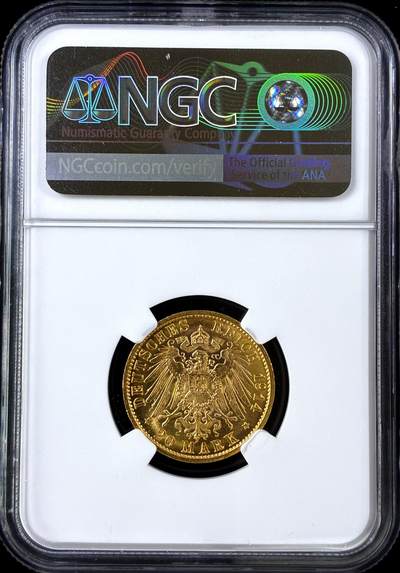 【雨安】【直播拍卖】【评级币章-132期】 2026-04-25 周六 19:30 (金价1050, 银价18.60)  [评级金铂] Germany [金币] 德国 帝国 J.253 Prussia普鲁士 20马克 (1913-1915) 威廉二世.军装 1914年  NGC-MS64 金光闪闪