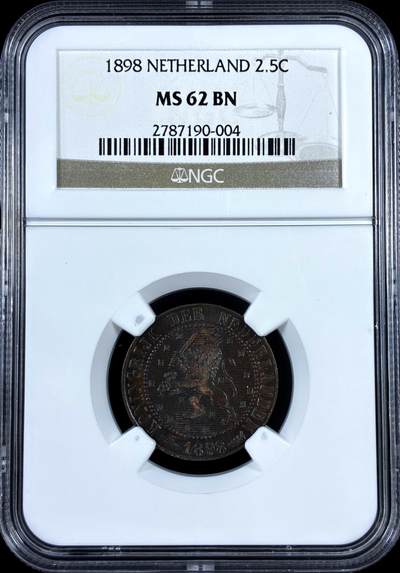 【雨安】【直播拍卖】【评级币章-132期】 2026-04-25 周六 19:30 (金价1050, 银价18.60)  [评级欧洲] Netherlands 荷兰 王国 2.5分 1898年 威廉明娜  NGC-MS62