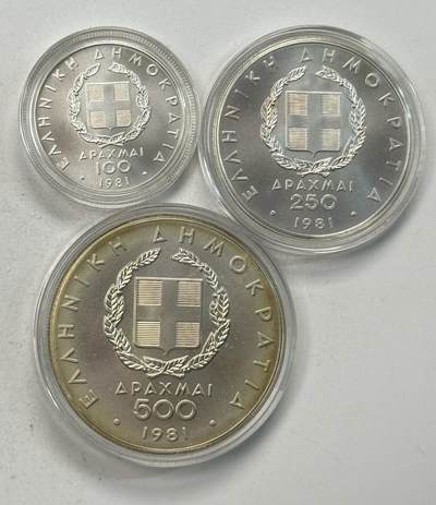 S&S Numismatic世界钱币-拍卖 第126期  希腊1981年 泛欧运动会 100&250&500德拉克马纪念银币 3枚一组 合计49.1克925银
