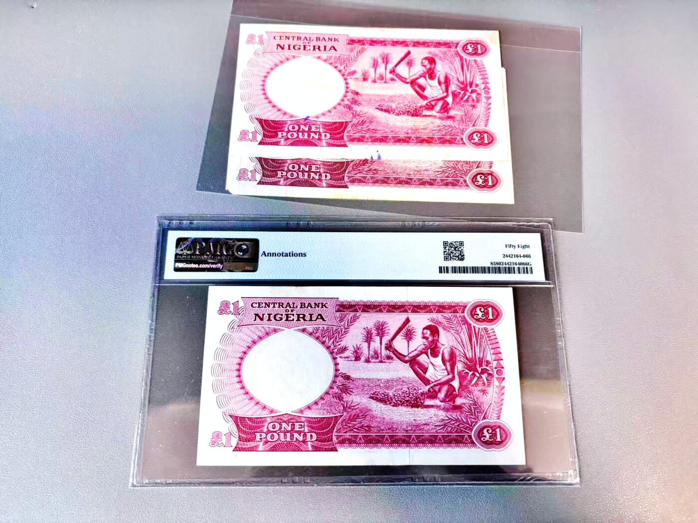 【Blue Auction】世界纸币精拍第812期——18级TOP拍卖/信誉/品质/专业/高效💫 【一组3张 含无47】尼日利亚 1967年1镑 PMG58&裸币 品相如图