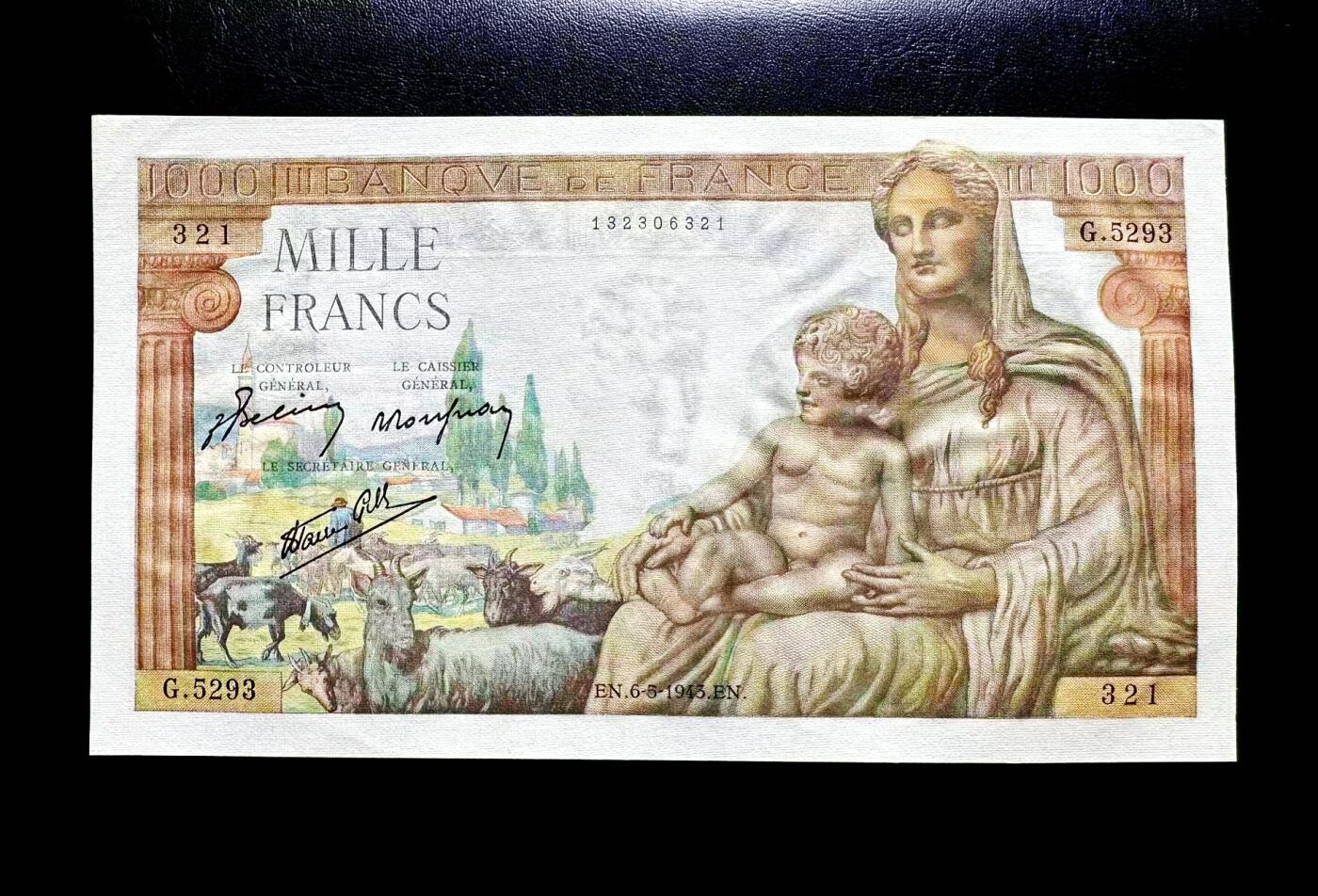 【Blue Auction】世界纸币精拍第812期——18级TOP拍卖/信誉/品质/专业/高效💫 【321倒顺子】法国 1943年1000法郎 大票幅 墨丘利 UNC灯下微斑