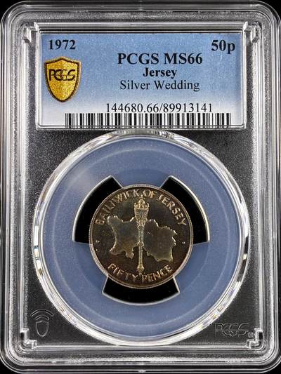 【雨安】【直播拍卖】【评级币章-132期】 2026-04-25 周六 19:30 (金价1050, 银价18.60)  [评级现代] Jersey 泽西 50便士 1972年 银婚  PCGS-MS66