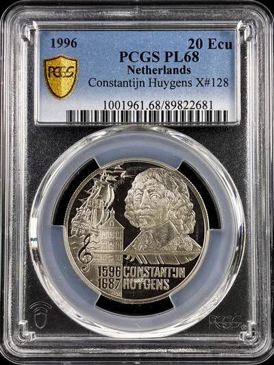 【雨安】【直播拍卖】【评级币章-132期】 2026-04-25 周六 19:30 (金价1050, 银价18.60)  [评级现代] Netherlands 荷兰 20埃居 1996年 康斯坦丁·惠更斯 Huygens PCGS-PL68