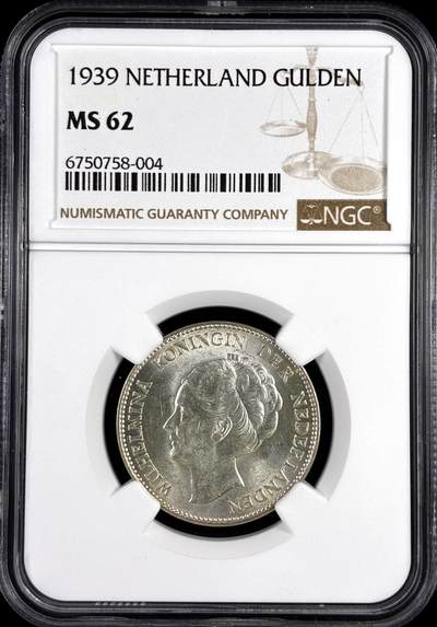 【雨安】【直播拍卖】【评级币章-132期】 2026-04-25 周六 19:30 (金价1050, 银价18.60)  [评级欧洲] Netherlands 荷兰 王国 1盾 1939年 威廉明娜  NGC-MS62
