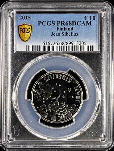 【雨安】【直播拍卖】【评级币章-132期】 2026-04-25 周六 19:30 (金价1050, 银价18.60)  [评级欧元] Finland 欧元 芬兰 10欧元 2015年 作曲家让·西贝柳斯 Jean Sibelius PCGS-PR68DCAM 精制币