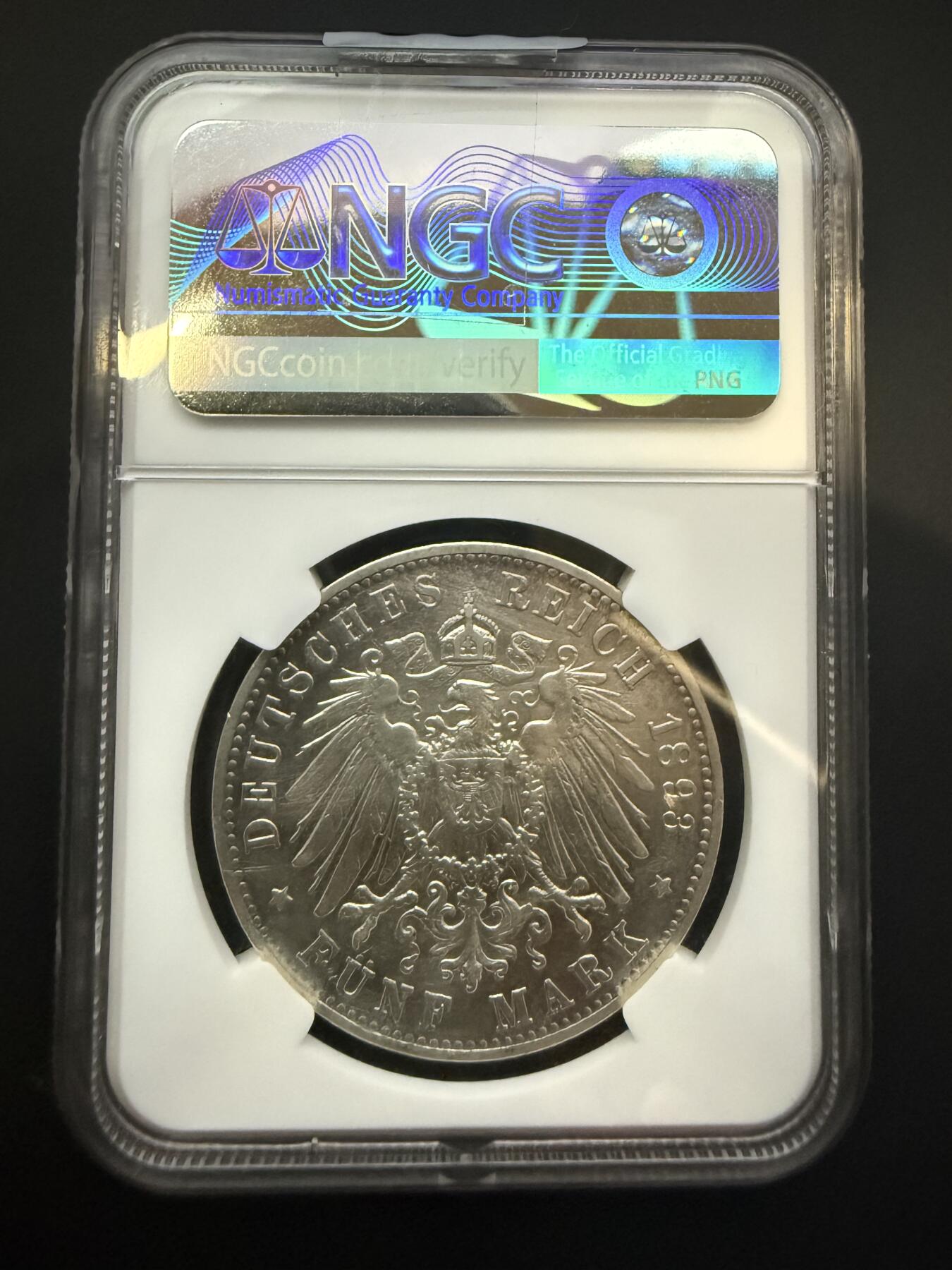 【周六 19:30】乾藏阁外国银币专场・裸币 / 评级币 + 银章铜章 保真包老 德国1893年J厂汉堡自由市5马克银币 NGC XF Details