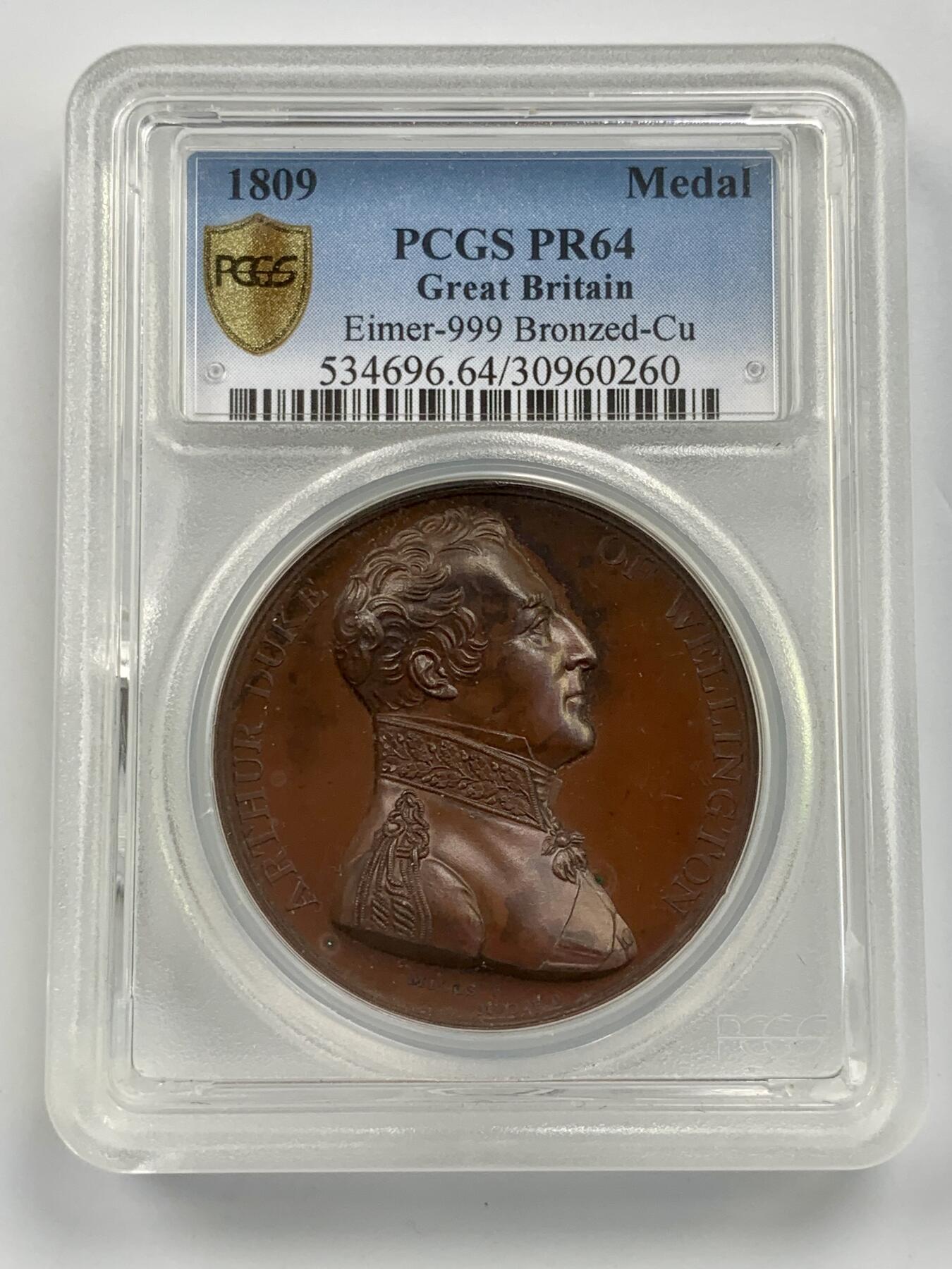 掌中浮雕-藏着的欧洲第059场 PCGS PR64  : 1809年英国惠灵顿公爵塔拉维拉战役胜利纪念铜章 , 41mm, 盒子有裂，不影响密封