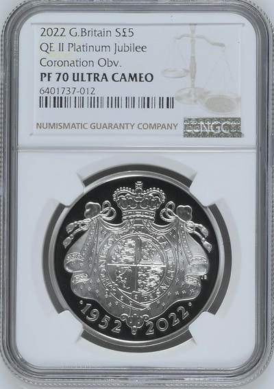 S&S Numismatic世界钱币-拍卖 第126期  英国2022年 伊丽莎白二世女王登基70周年 5英镑精制纪念银币 盒证齐全 28.28克925银 NGC PF70UC冠军分 