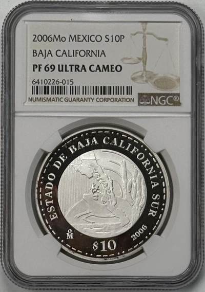 S&S Numismatic世界钱币-拍卖 第126期  墨西哥2006年 联邦180周年-南下加利福尼亚州 100比索精制纪念银币 31.1克999银 NGC PF69UC