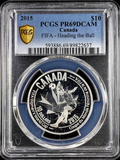 【雨安】【直播拍卖】【评级币章-132期】 2026-04-25 周六 19:30 (金价1050, 银价18.60)  [评级现代] Canada 加拿大 10元 2015年 FIFA-头球 PCGS-PR69DCAM 精制币