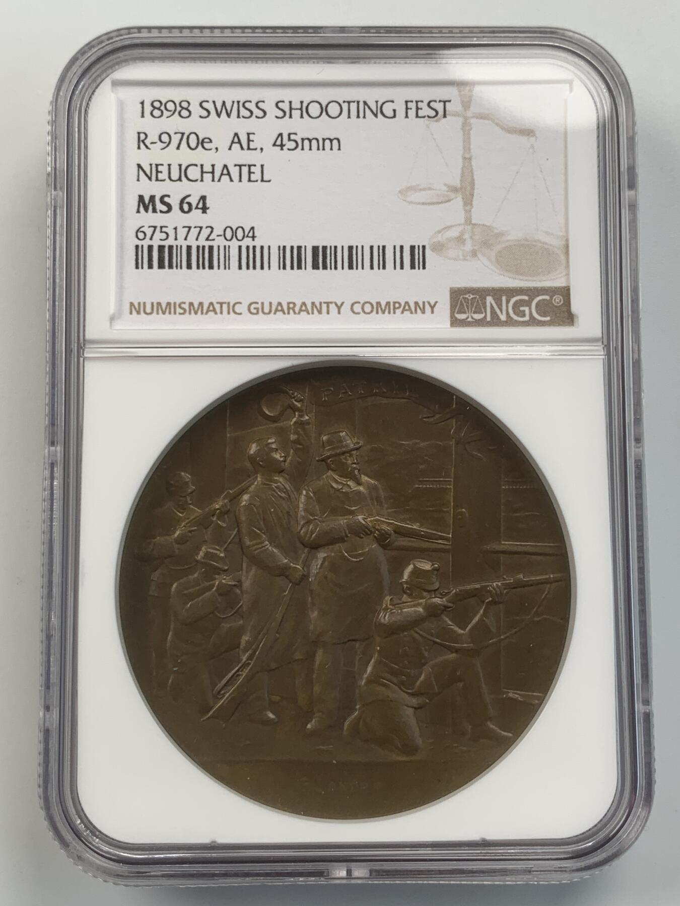 掌中浮雕-藏着的欧洲第059场 NGC MS64 : 1898年瑞士纳沙泰尔射击节铜章，45mm