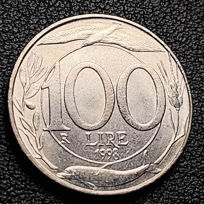 泉币菌-第230场-拍品多 请提前出价 原光 1998意大利100里拉白铜硬币 海豚 飞鸟 小麦 22mm 纪念币铜钱