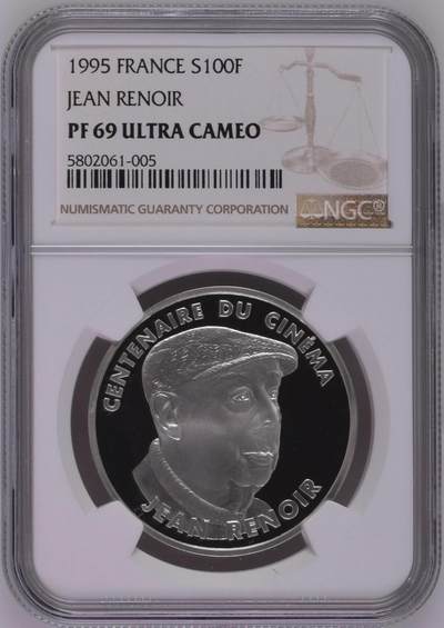 S&S Numismatic世界钱币-拍卖 第126期  法国1995年 电影百年-让·雷诺阿导演 100法郎精制纪念银币 22.2克900银  NGC PF69UC 无盒证