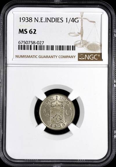【雨安】【直播拍卖】【评级币章-132期】 2026-04-25 周六 19:30 (金价1050, 银价18.60)  [评级亚洲] Netherlands East Indies 荷属东印度 1/4盾 1938年  NGC-MS62