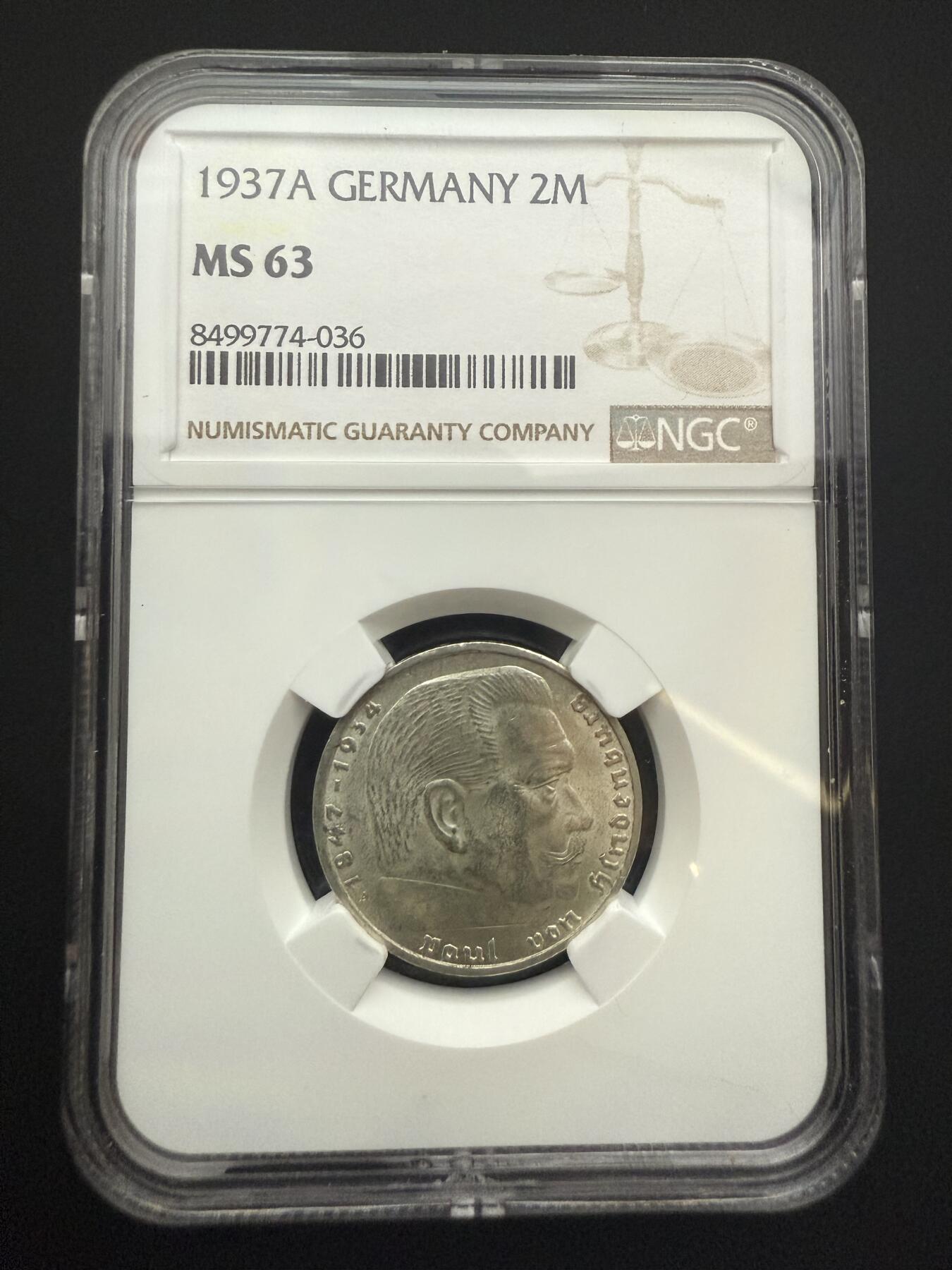 【周六 19:30】乾藏阁外国银币专场・裸币 / 评级币 + 银章铜章 保真包老 德国1937年A厂版 2马克兴登堡银币 NGC MS63